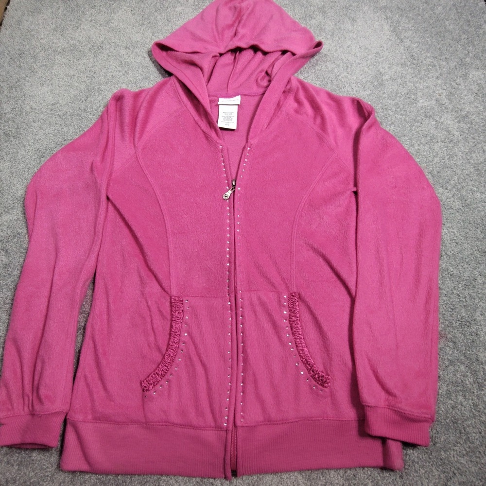 Jaclyn Smith Hoodie Womens Medium Full Zip Pink Rhinestone Fleece Good